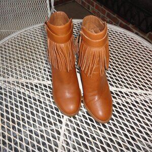 IVANKA TRUMP Women's Brown Leather Block Heel Boots with Fringe Size 8